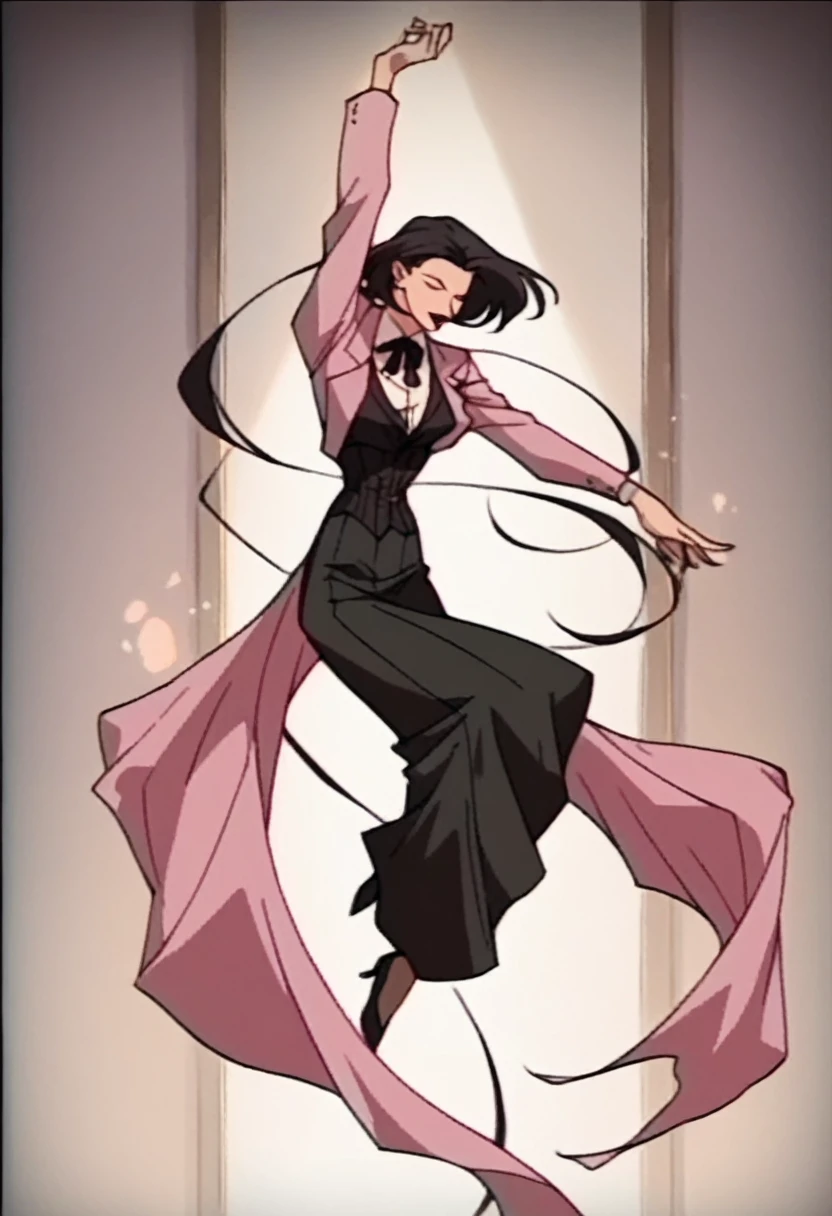 beautyful mature japanese woman, slim body, slender body, pink corporate suit, black tie, big long fringe black hair, black lipstick, black corset, milf, black chocker, black nacklaces, dancing
