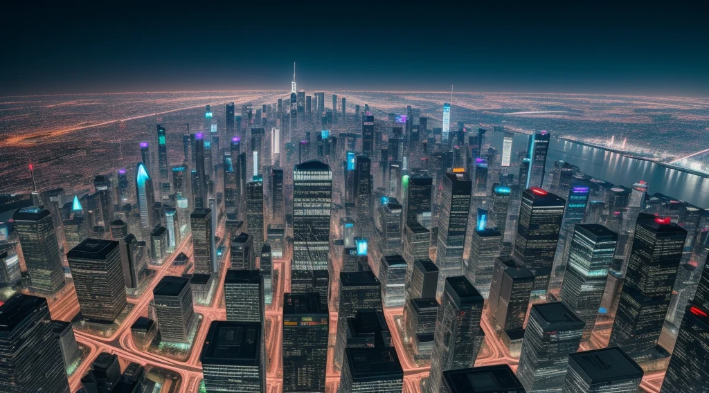 City with many tall buildings and trains on the tracks, dark futuristic city, В Fantasia Sci - Fi City, futuristic city scape, cyberpunk cathedral, A dark cyberpunk metropolis, in a futuristic cyberpunk city, science fiction city, cyberpunk metropolis, cyberpunk cityscape, futuristic metropolis, cyberpunk cityscape, science fiction city, cyberpunk city, futuristic city scape, dystopian futuristic city, neon flashes, highy detailed, wide angle, from above view