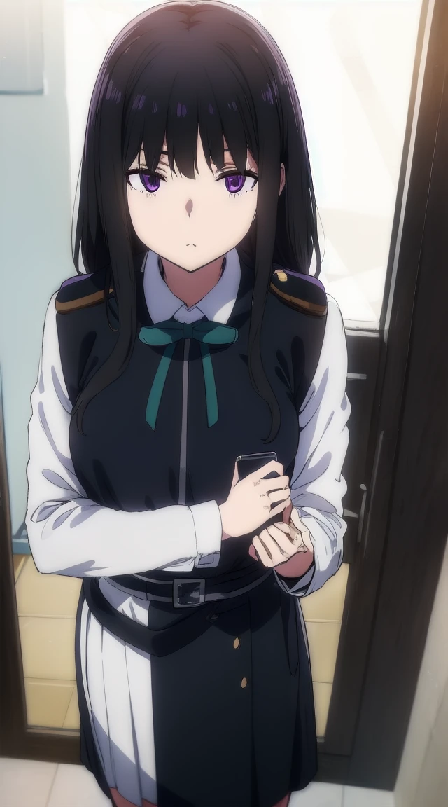 1girl,((black hair))
BREAK ((inoue takina, long hair, bangs, black hair, (purple eyes:1.2),crop top, white socks, shirt, long sleeves, dress, ribbon, , white shirt, collared shirt, belt, neck ribbon, blue dress, green ribbon, pleated dress, grey dress, two-tone dress, blue belt, lycoris uniform,:1))
BREAK ((blank eyes, mind control,StSPendulum,phone in corner:1.4))
BREAK indoors,
BREAK looking at viewer,
BREAK (masterpiece:1.2), best quality, high resolution, unity 8k wallpaper, (illustration:0.8), (beautiful detailed eyes:1.6), extremely detailed face, perfect lighting, extremely detailed CG, (perfect hands, perfect anatomy),