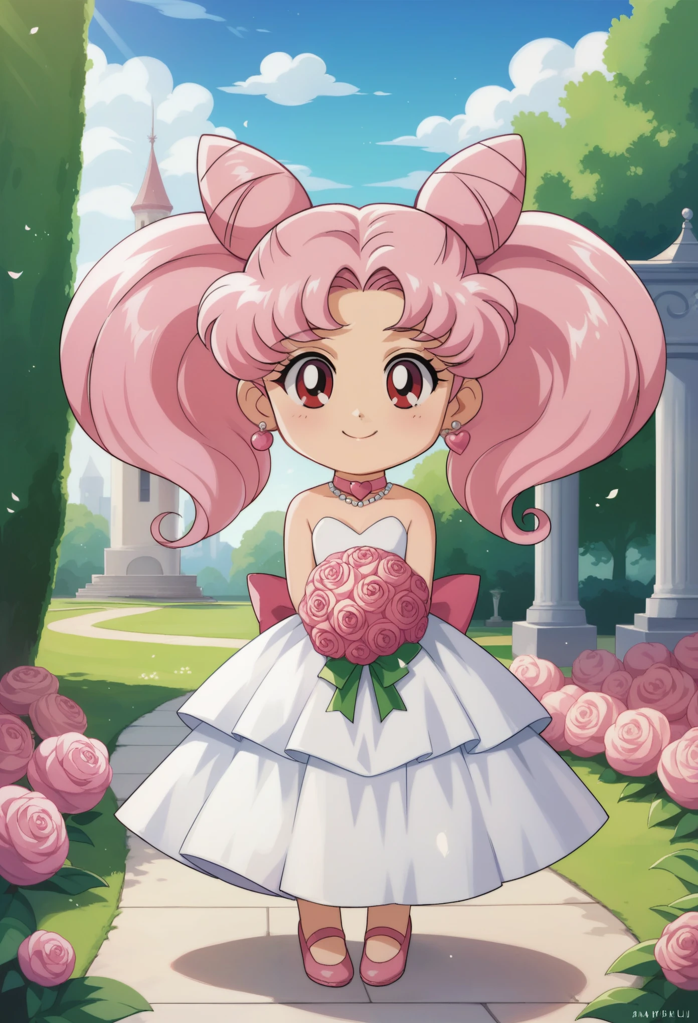 1 girl, solo, chibi usa,pink hair,pink footwear,cone hair bun,hair bun, red eyes,twintails,choker,earrings, long hair,smile, in park, standing, hair,wedding dress,necklace,earrings,smile,holding bouquet,pink flower,cathedral,