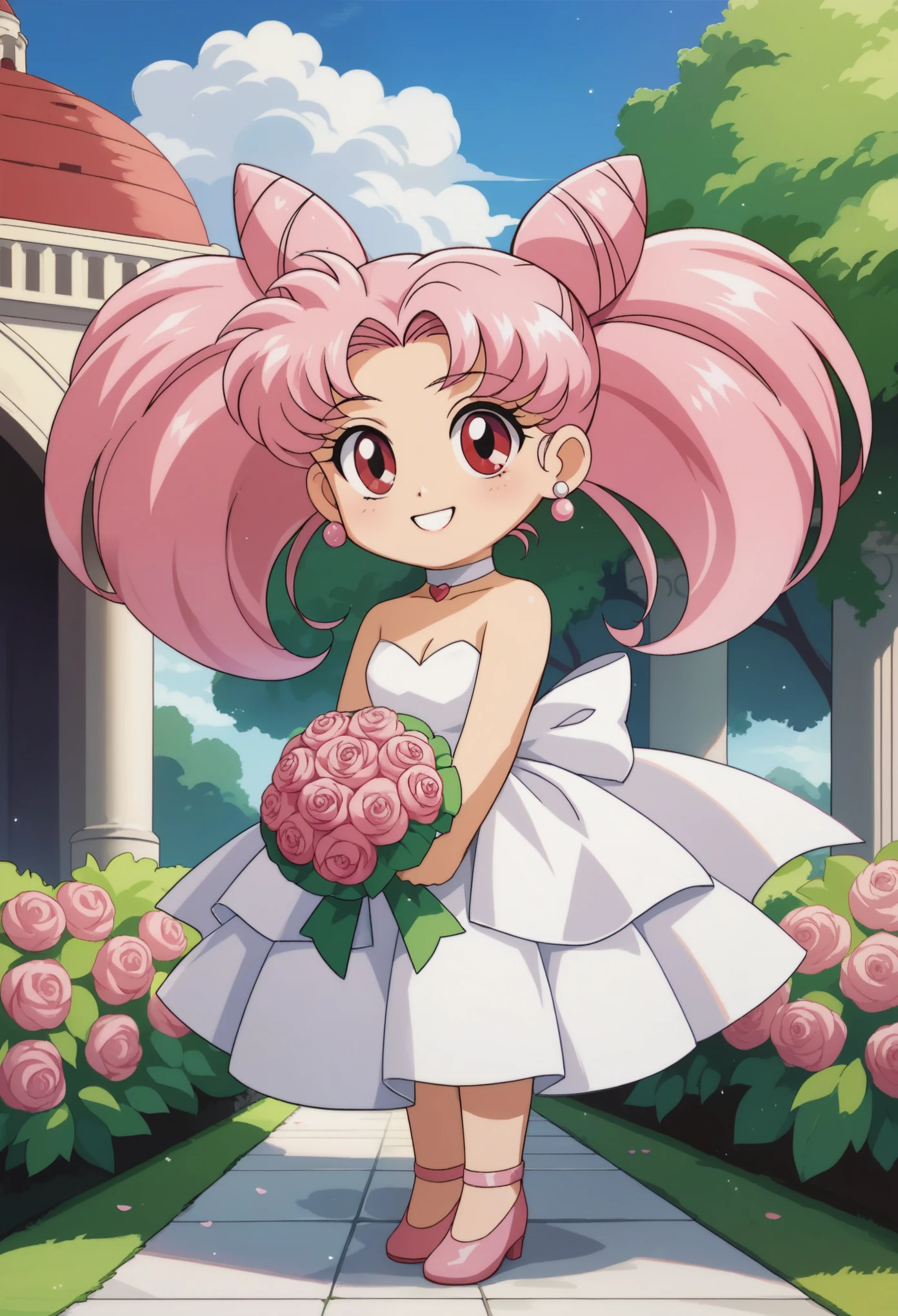 1 girl, solo, chibi usa,pink hair,pink footwear,cone hair bun,hair bun, red eyes,twintails,choker,earrings, long hair,smile, in park, standing, hair,wedding dress,necklace,earrings,smile,holding bouquet,pink flower,cathedral,