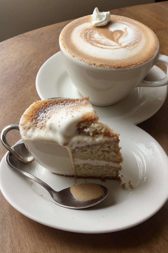 One and only one capuccino with a little spoon, a yummy looking piece of cake on another plate, snack for one persons elegant 