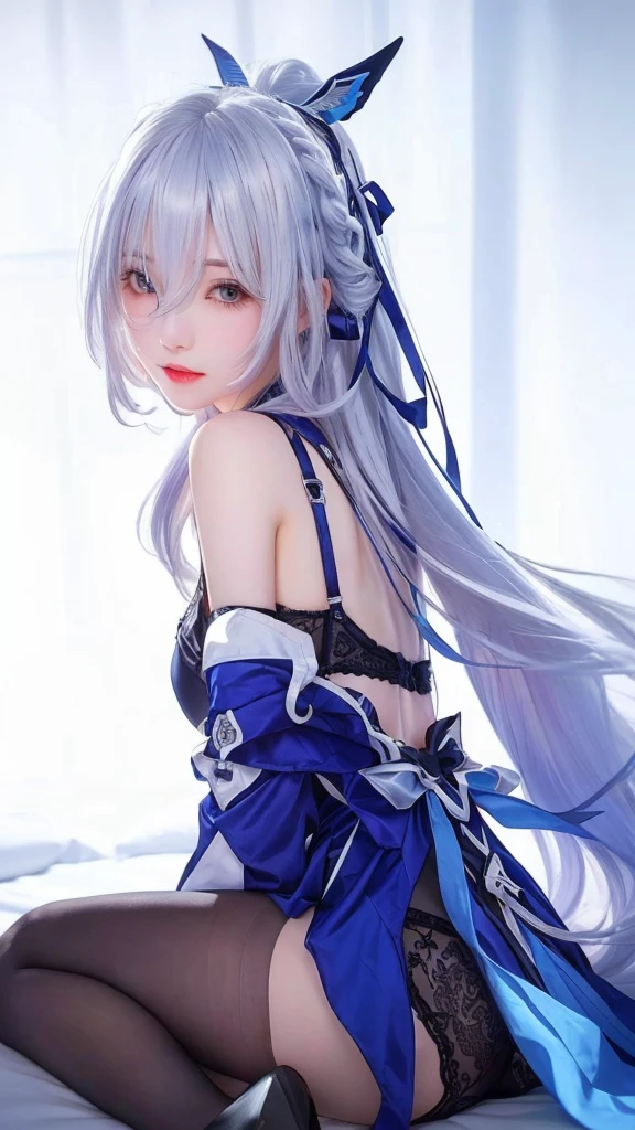 girl with long white hair sitting on a bed,  from girls frontline, silver long hair, laced underwear, 