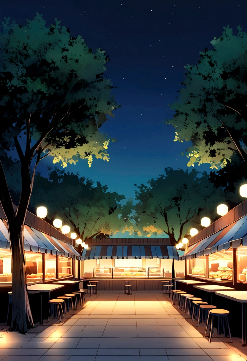 create a food court with restaurants in background, without peoples, no person, background, trees, night