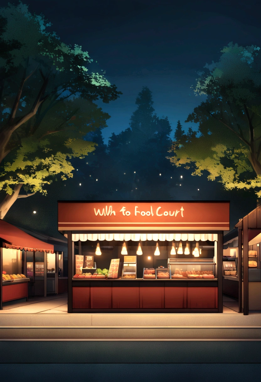 create a food court with restaurants in background, without peoples, no person, background, trees, night