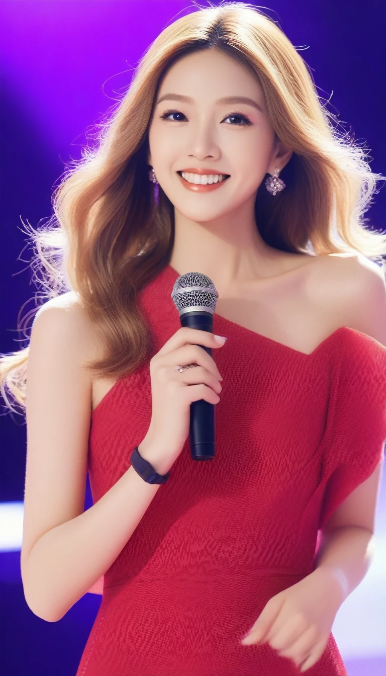"Create an image of Kana Nishino performing live on stage. She is wearing a stunning red dress, holding a microphone, and surrounded by vibrant stage lights. The audience is cheering in the background."

