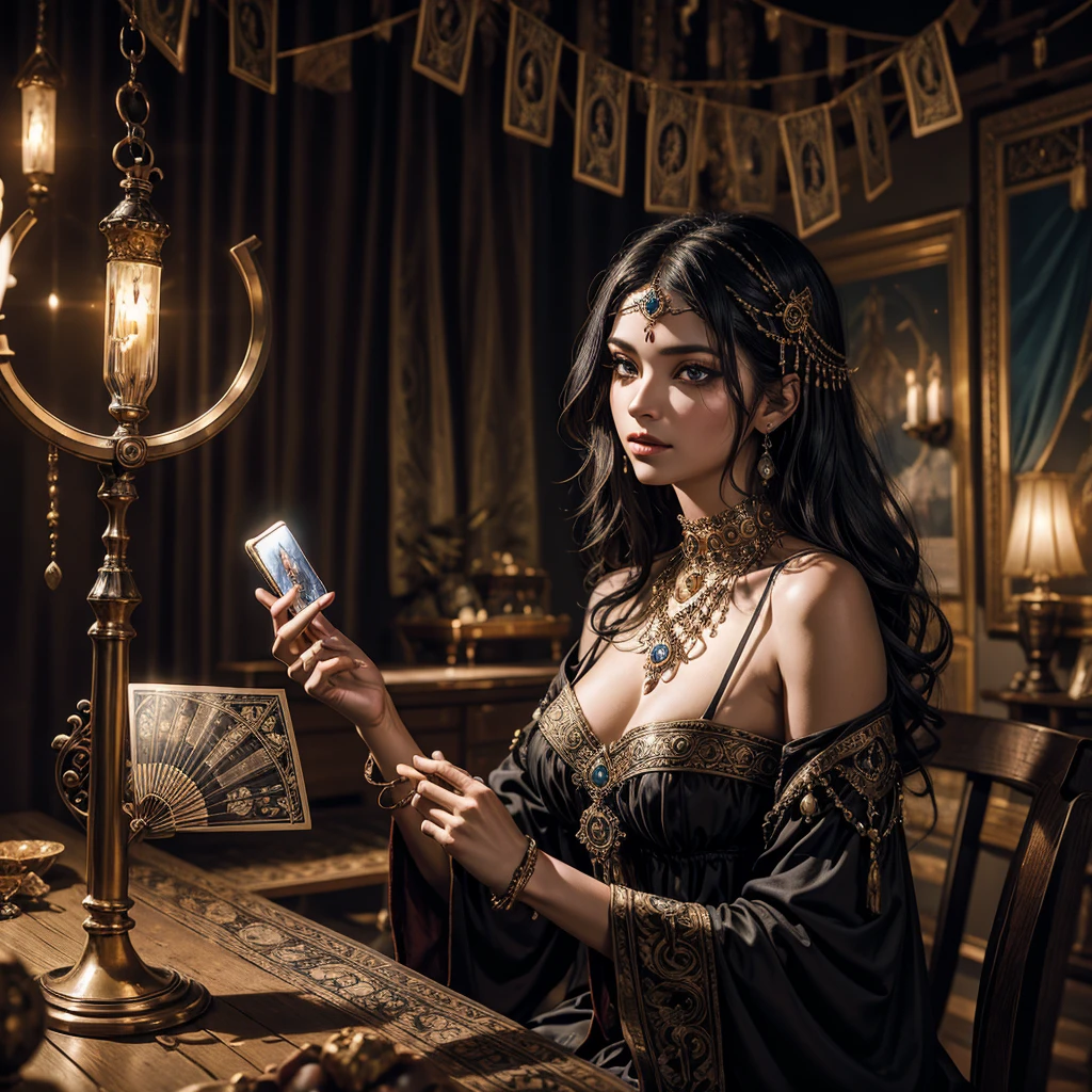 A dark gypsy in the foreground, charming and mysterious, shows a tarot to the camera, the gypsy has the typical gypsy dress, almost hypnotic penetrating black eyes, on the table there are the other tarot cards arranged in a fan, the environment is that of fortune tellers