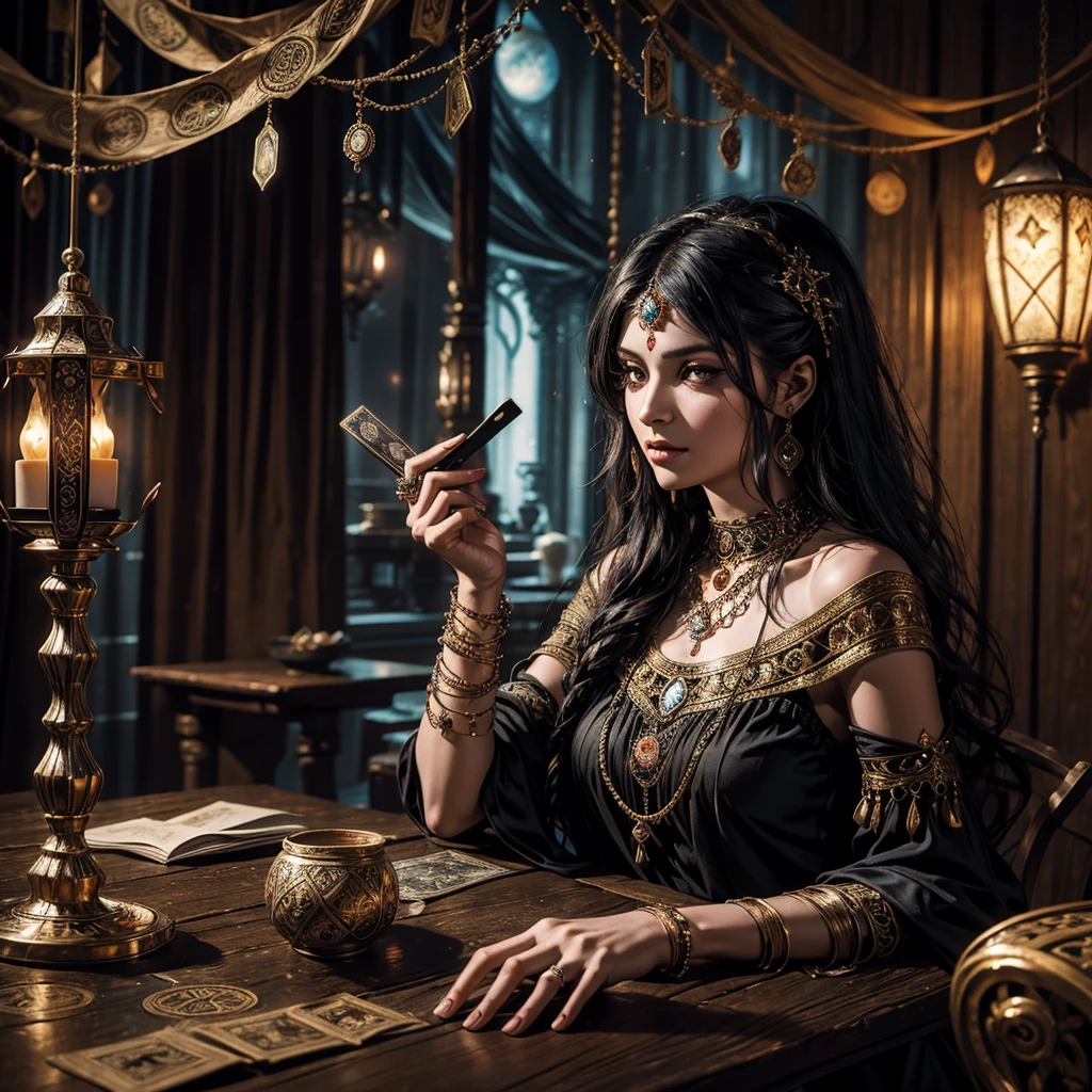 A dark gypsy in the foreground, charming and mysterious, shows a tarot to the camera, the gypsy has the typical gypsy dress, almost hypnotic penetrating black eyes, on the table there are the other tarot cards arranged in a fan, the environment is that of fortune tellers