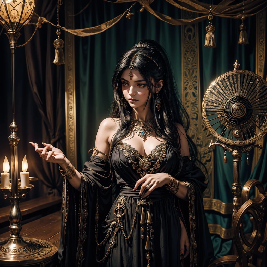A dark gypsy in the foreground, charming and mysterious, shows a tarot to the camera, the gypsy has the typical gypsy dress, almost hypnotic penetrating black eyes, on the table there are the other tarot cards arranged in a fan, the environment is that of fortune tellers