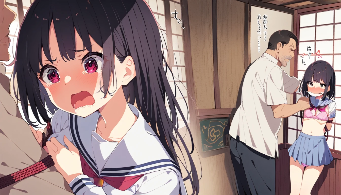 A girl in a sailor uniform, pink panties and pink bra, with erect nipples, short black hair, small breasts, pale pubic hair, and a middle-aged man is grabbing her breasts in his mouth while she is tied up behind her back with a rope while standing in a Japanese-style room and crying in disgust.、From head to ankle