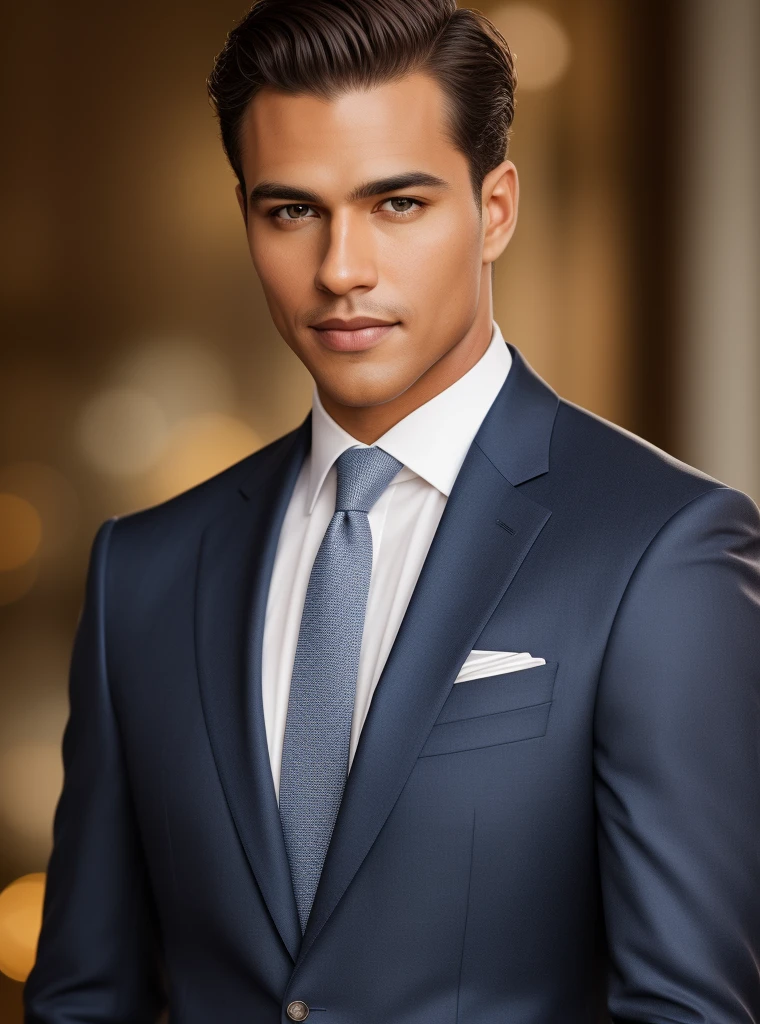 hires photo of hrro man, professional photograph, looking straight at viewer, realistic skin tones,formal suit, background bokeh, film grain