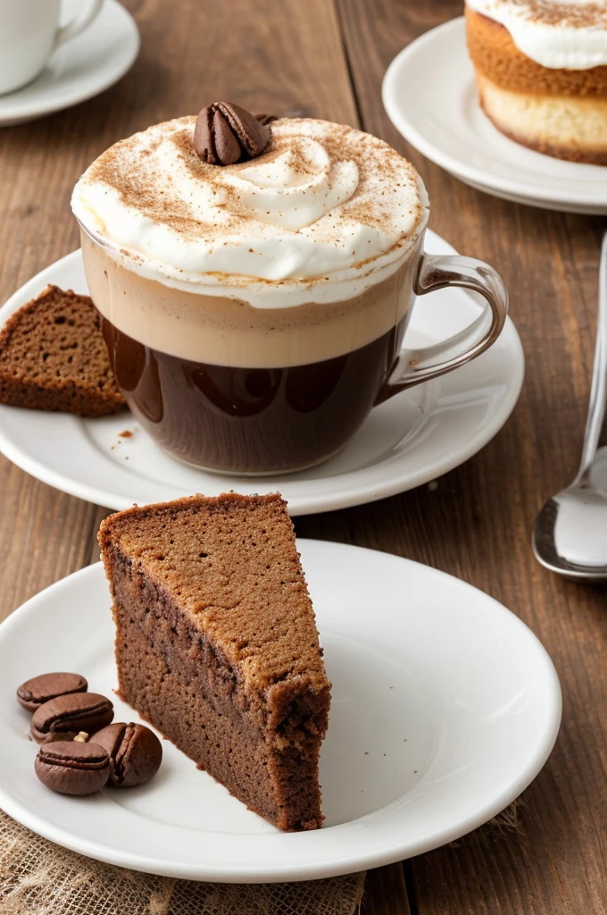 One and only one capuccino with a little spoon, a yummy looking piece of cake on another plate, snack for one persons elegant