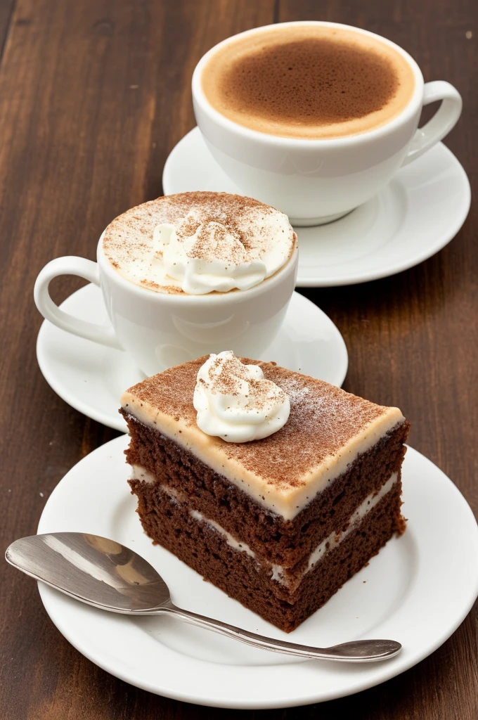 One and only one capuccino with a little spoon, a yummy looking piece of cake on another plate, snack for one persons elegant 
