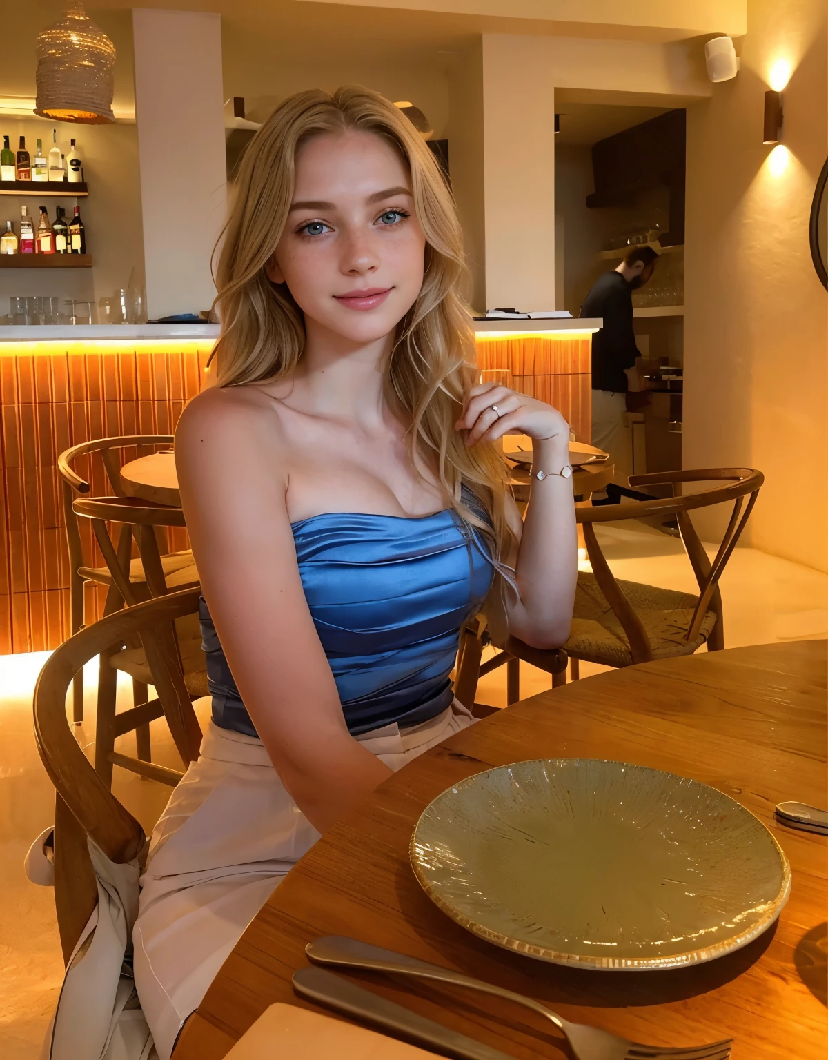 a one woman, americana, age 25, pale skin and freckles, grey-eyed, delicate nose, soft and delicate lips, distant, long, wavy, waist-length blonde hair, Sweet smile, face with delicate feminine facial features, Highly Rendering