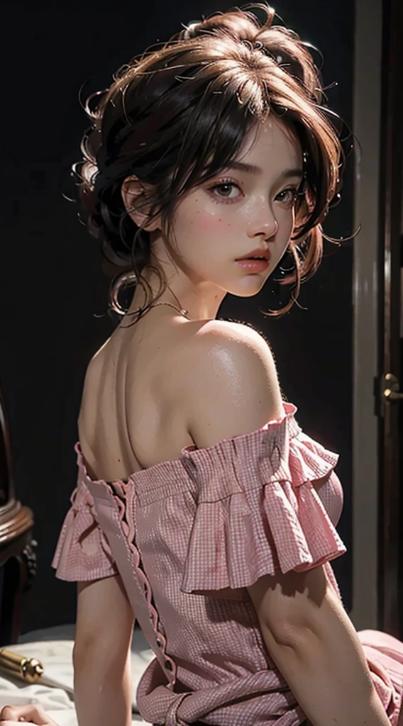 Best Quality, Masterpiece, Ultra High Resolution, (Realisticity: 1.4), Original Photo, 1girl, Pink Off-the-Shoulder, Cinematic Lighting