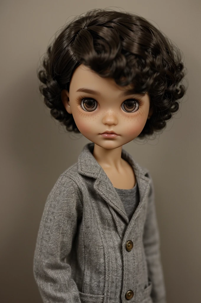 A Blythe doll with not so dark tan skin, dark hair, dark but large brown eyes with a little dark circles, With curly hair and a buzz cut, let the Blythe doll be a boy, make his hair short (too short) almost shaved hair but shaved his hair as it is make him a black cap