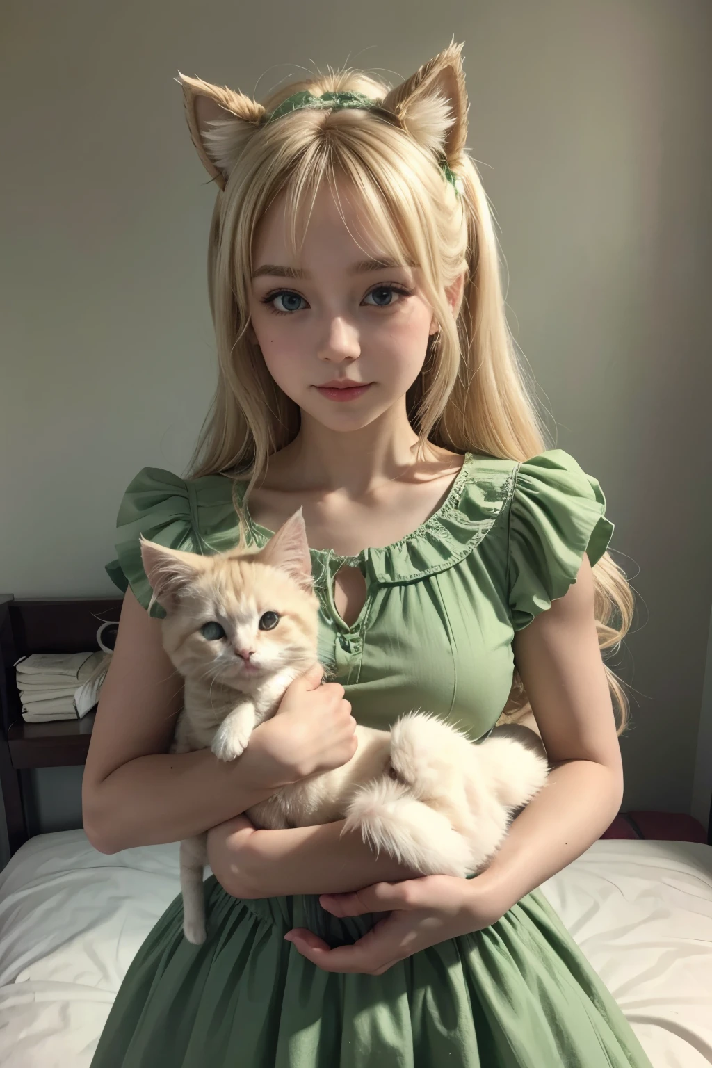 Tall blonde barby doll with cute kitty ears in green dress carrying a kitten