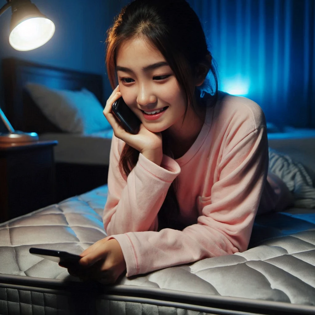 a 20 year old Indonesian girl was holding her chin while making a phone call on the bed , wearing pajamas to sleep, The background of the dark room is illuminated by the light of a bedroom lamp and the LED light glowing blue and pink 