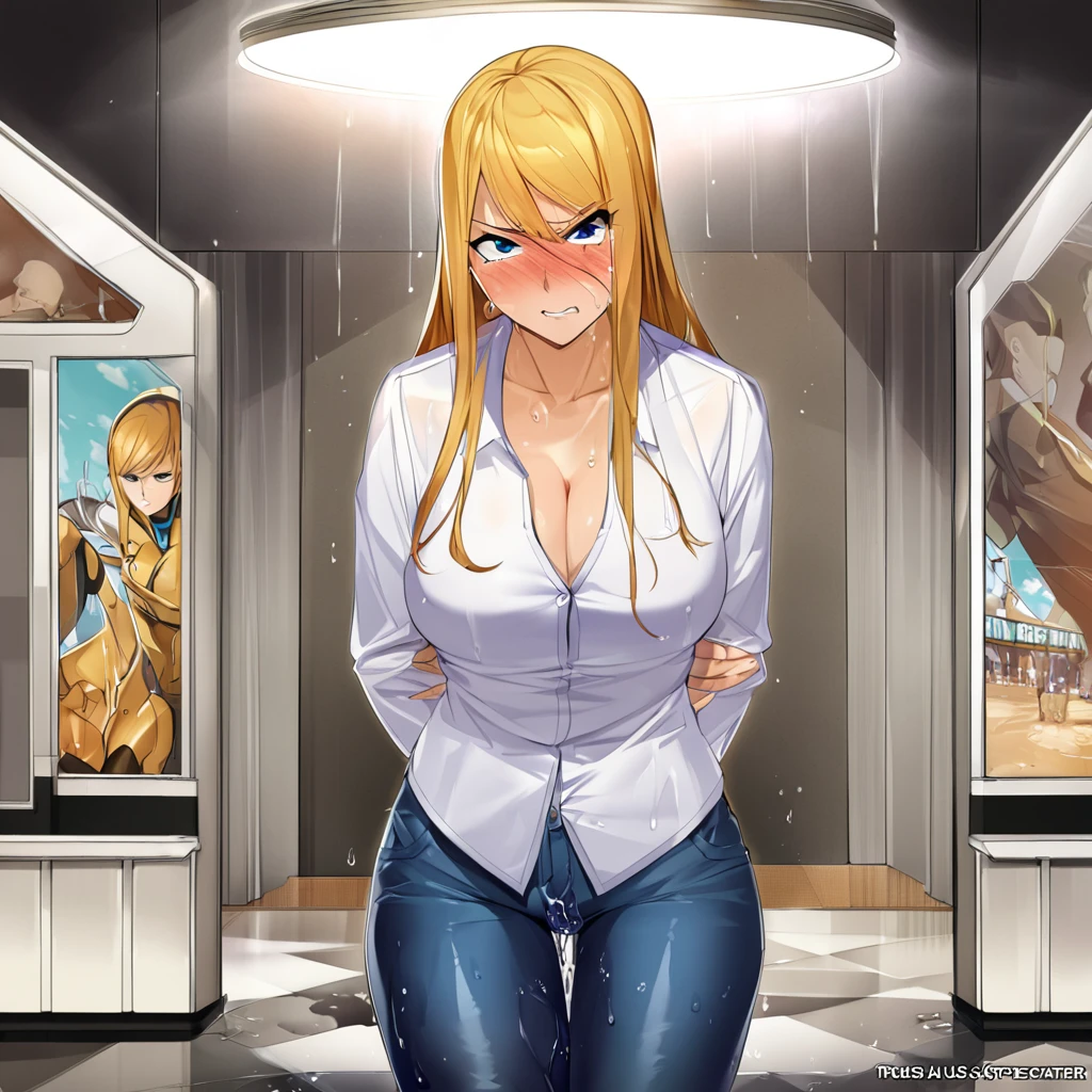 Samus Aran, (face au spectateur:1.25), queue de cheval, tetas grandes, attache-cheveux, jacket, (jeans:1.25), (stand up straight:2.0), pee, (getting wet:1.5), très grosse tache de pipi, huge pee stain, best quality, ultra-detailed, hdr, studio lighting, Professionnel, Des couleurs vives, sharpness, physiological rendering, bokeh, scenery, Blue color palette, Soft lighting, dynamic shadows, (mains sur les cuisses:1.5), embarrassed, humiliation, flush, angry, tears, (face au spectateur:2.0), (open fly:1.5)