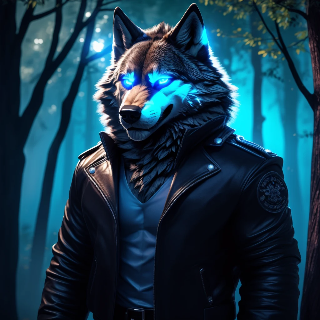 Posing, Male, 30 years old, biting lip smile, black leather jacket, bedroom eyes, anthro, wolf ears, (blakck fur:1.5), wolf, forest background at night, 8k, hi res, (best quality, masterpiece), blue glowing eyes, (wolf tail:1.5), detailed fur