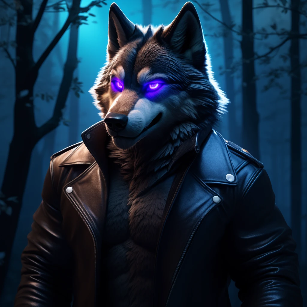 Posing, Male, 30 years old, biting lip smile, black leather jacket, bedroom eyes, anthro, wolf ears, (blakck fur:1.5), wolf, forest background at night, 8k, hi res, (best quality, masterpiece), blue glowing eyes, (wolf tail:1.5), detailed fur