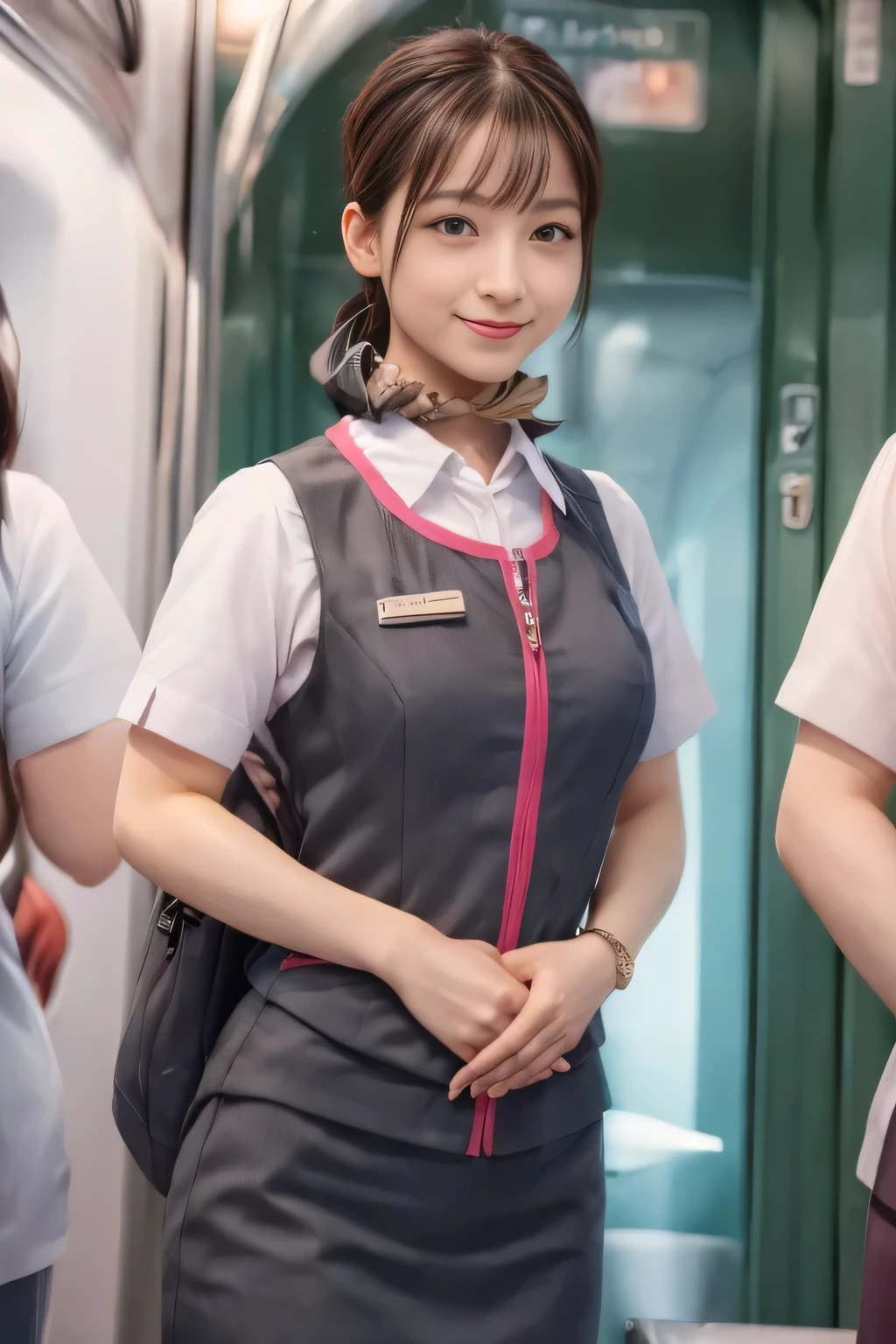 (masterpiece:1.2, Highest quality:1.2), 32k HDR, High resolution, (alone、One girl)、（At the station platform、Professional Lighting）、Empty train station platform background、（Realistic style of JR Gran Class crew uniform）、Short sleeve blouse、a scarf around the neck、（JR Gran Class flight attendant uniform with pink parts on the skirt sleeves）、（The uniform of a flight attendant in JR Gran Class has a pink line on the front zipper of the vest.）、Dark brown hair、（Long hair that goes up to the chest、Let your hair down）、Dark brown hair、Long Shot、Big Breasts、（（Great hands：2.0）），（（Harmonious body proportions：1.5）），（（Normal limbs：2.0）），（（Normal finger：2.0）），（（Delicate eyes：2.0）），（（Normal eyes：2.0））)、Big Breasts、Luxury Necklace、smile、Beautiful standing posture,Place your hands around your stomach