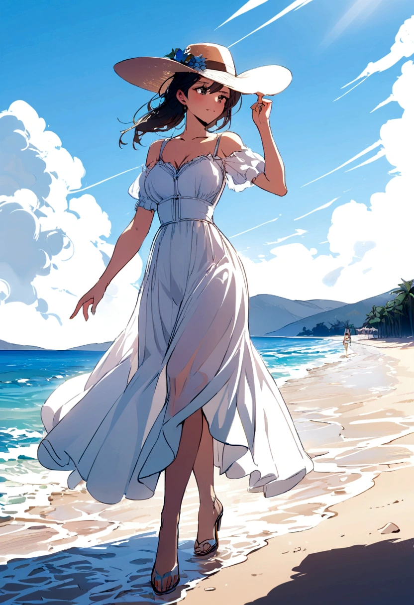 woman with hat , in a dress, on the beach