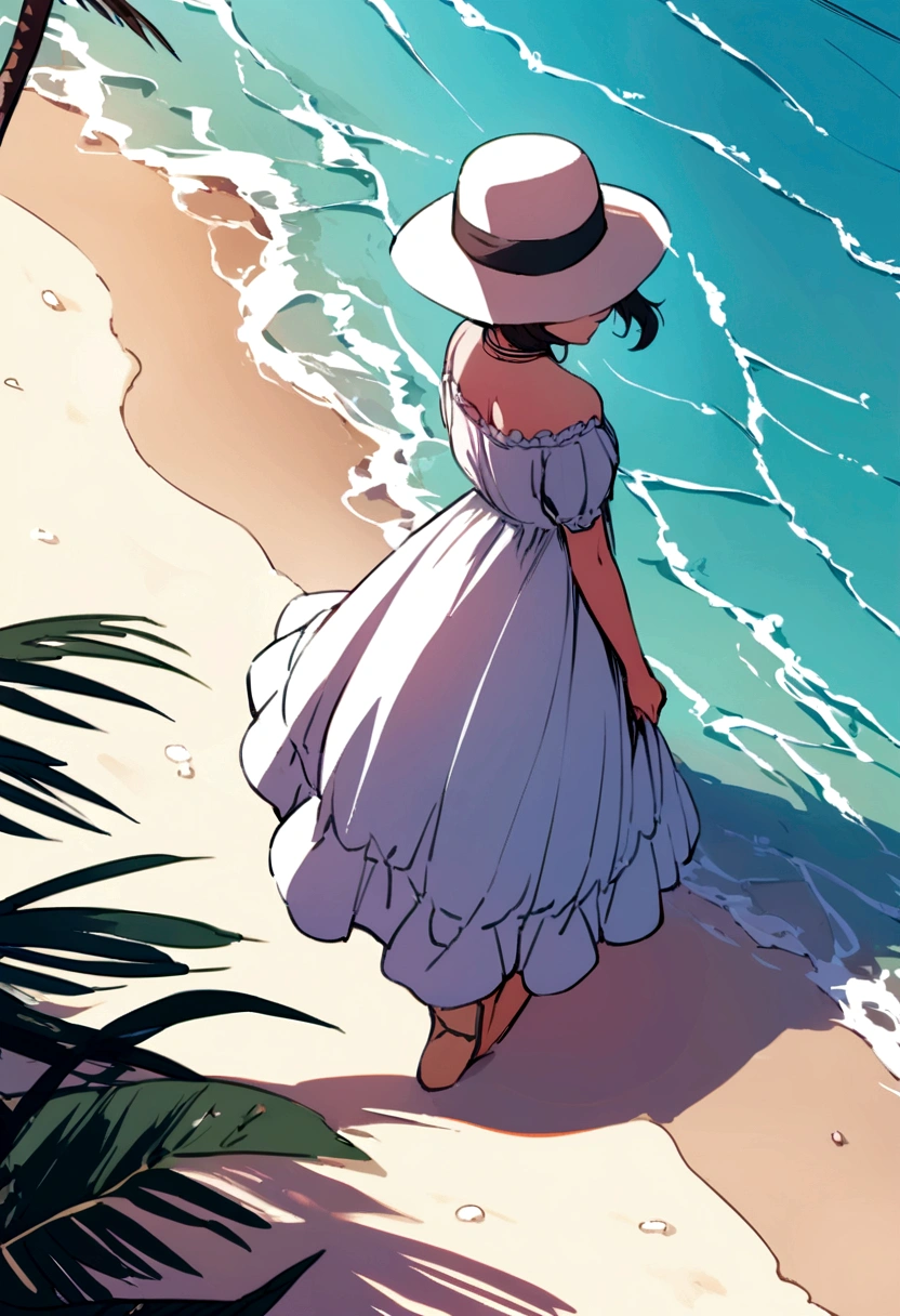 woman with hat , in a dress, on the beach