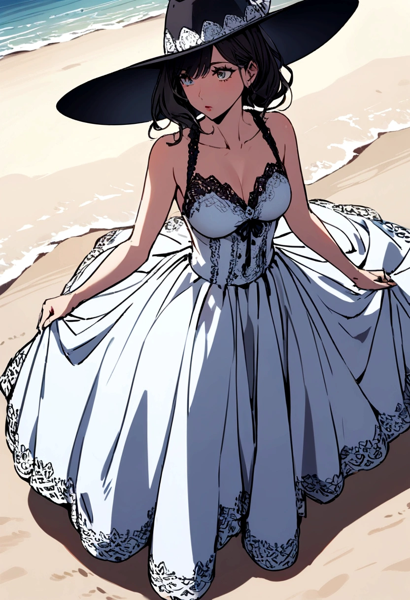 woman with hat , in a dress, on the beach