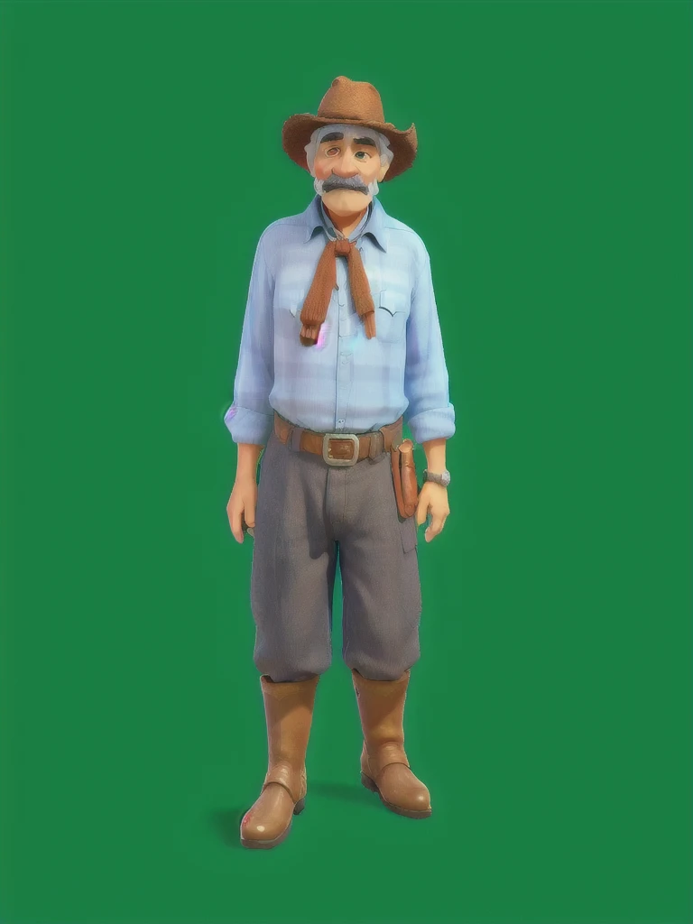 Create a Pixar-style avatar of an elderly gaucho, wearing a blue shirt, brown pants, wide leather belt, leather boots, red neckerchief, wide-brimmed hat, mustache, friendly expression.