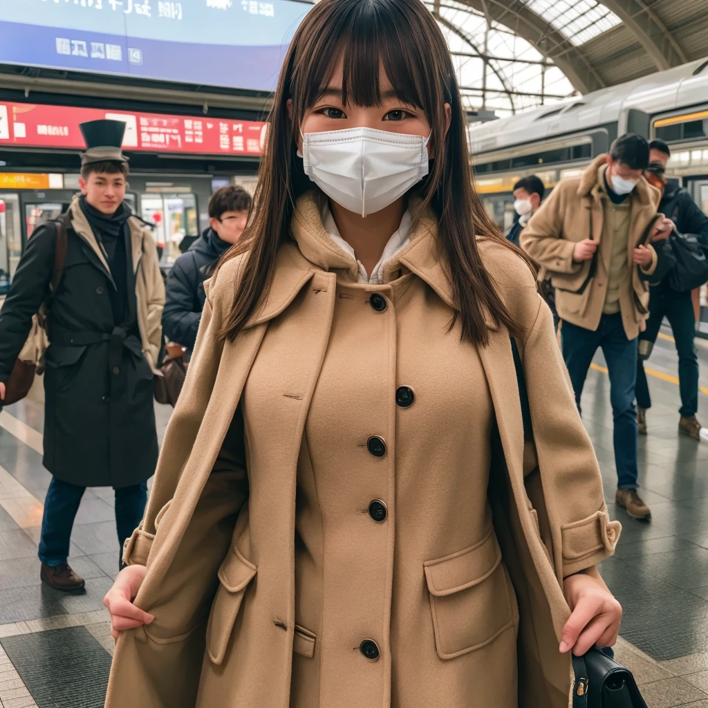 1girl, mouth mask, coat, open coat, nude, smile, pov, bangs, masterpiece, best quality, ultra quality, high quality, realistic, photo realistic, RAW photo, hyper detailed, intricate detailed, perfect anatomy, Fujifilm XT3, train station, multiple girls, multiple boys, train,