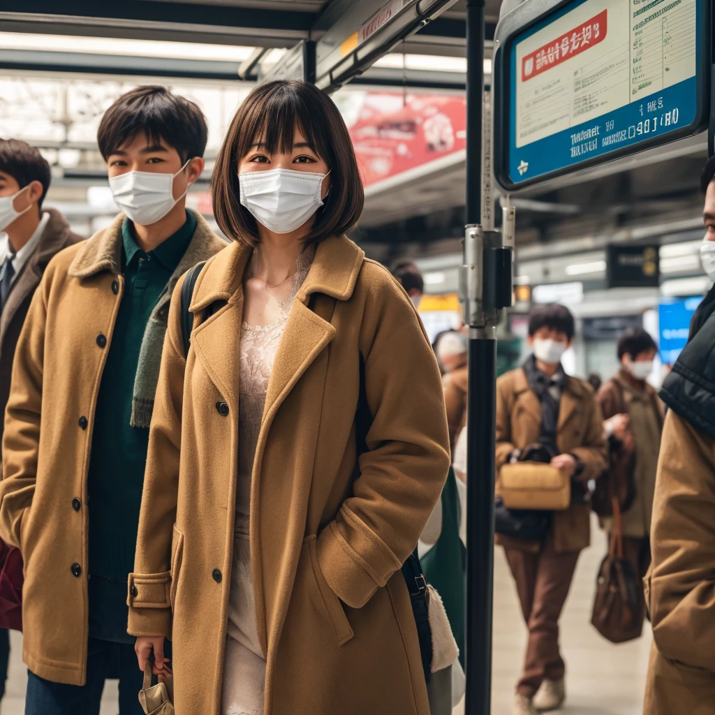 1girl, mouth mask, coat, open coat, nude, smile, pov, bangs, masterpiece, best quality, ultra quality, high quality, realistic, photo realistic, RAW photo, hyper detailed, intricate detailed, perfect anatomy, Fujifilm XT3, train station, multiple girls, multiple boys, train,