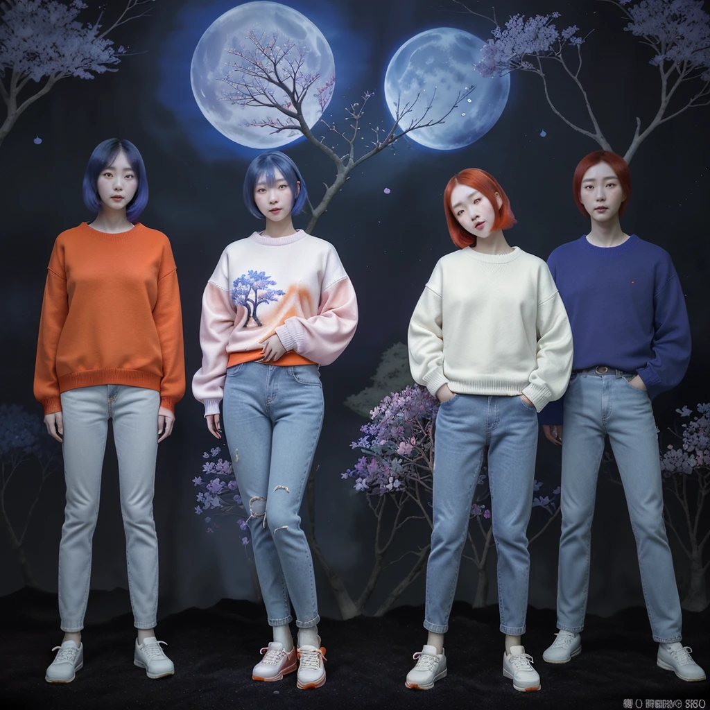 beautiful korean woman, round face, sweet smiling, straight red-blue hair, red sweater, blue jeans, white shoes , standing, A whimsical and surreal art style 3D image featuring a magnificent tree with purple and blue blossoms, set against a backdrop of a dark purple, blue, and orange sky with a full moon , incorporating dark fantasy themes, luminism art with watercolor