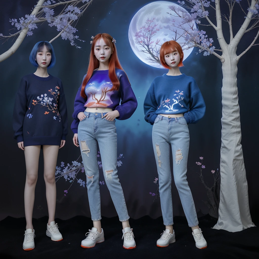 beautiful korean woman, round face, sweet smiling, straight red-blue hair, red sweater, blue jeans, white shoes , standing, A whimsical and surreal art style 3D image featuring a magnificent tree with purple and blue blossoms, set against a backdrop of a dark purple, blue, and orange sky with a full moon , incorporating dark fantasy themes, luminism art with watercolor