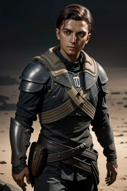 ReyesMEA, 1 , alone, male focus, armors, chestnut hair, black backdrop, realisitic, simple background, gazing at viewer, eyes browns, trunk, shoulder armors, walking sticks, cloused mouth ,work of art, best qualityer, cinematic lighting,