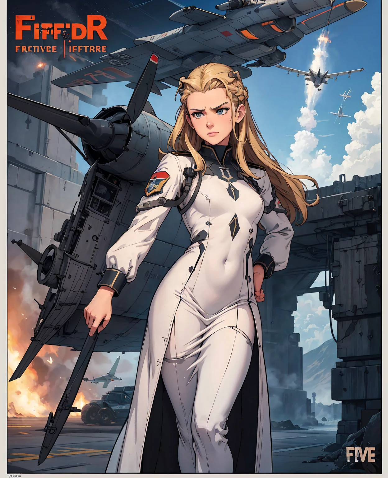 Realistic,Polite Dress,(Fighter Plane Action War Movie Poster),(Foundation Movie Reference: 1.8),Realistic,Air Force General Uniform,(Realistic Face Resolution),Cinematic Poses,Adult,Skinny,Small,Long Hair Dark Blonde Woman 1 Person,Serious Face,Science Fiction,Sci-Fi,Different Supporting Characters