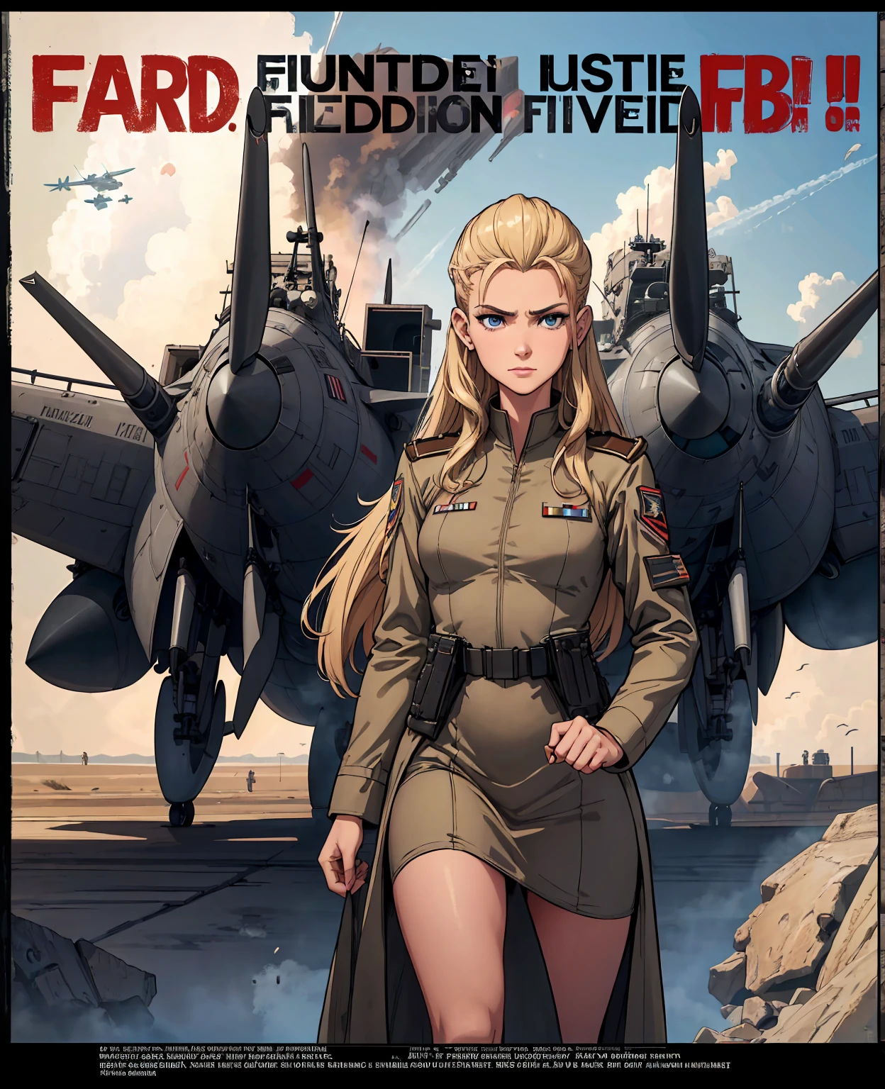 Realistic,Polite Dress,(Fighter Plane Action War Movie Poster),(Foundation Movie Reference: 1.8),Realistic,Air Force General Uniform,(Realistic Face Resolution),Cinematic Poses,Adult,Skinny,Small,Long Hair Dark Blonde Woman 1 Person,Serious Face,Science Fiction,Sci-Fi,Different Supporting Characters