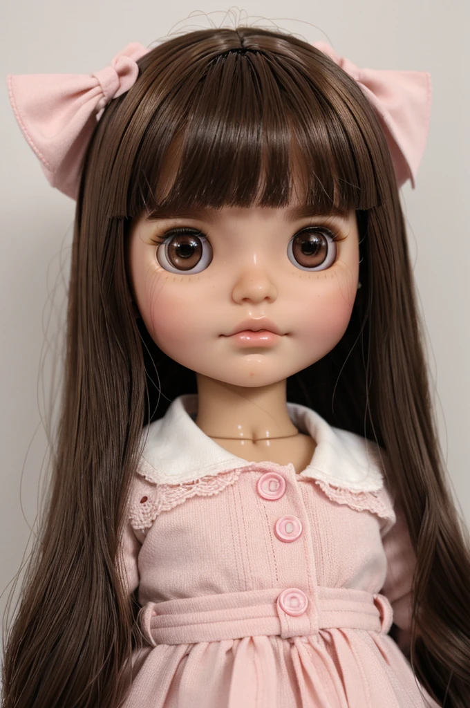 Blythe doll: Brown hair, white skin, brown eyes, pink lips, bangs down to the eyelid, cheeks a little pink, two moles together on the left cheek, Dark brown eyes and the shape of the face rounder as a doll 
