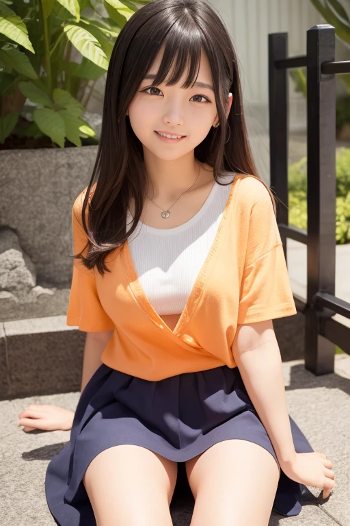 {Highest quality}、{so beautiful}、{Highest quality}、{Best illustrations}、super high quality、Japanese Girls1people々、Casual clothing、Ultra mini skirt、Orange panties、Attractive thighs、Both legsMWide open letter、Open your chest wide、Face of joy、Small breasts、smile、No underwear、Sitting、Raise your knees、Look forward、Fold up the hem of the skirt a little