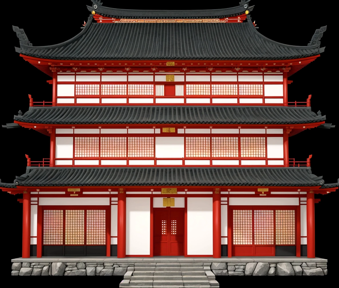 a cartoon illustration of a chinese building with a red door, an extremely detailed building, chinese building, japanese temple, japanese house, european japanese buildings, digital painting of a pagoda, zen temple background, ancient japanese architecture, temple background, japanese architecture, background depicting a temple, inspired by Tōshi Yoshida, inspired by Shūbun Tenshō, japanese temples