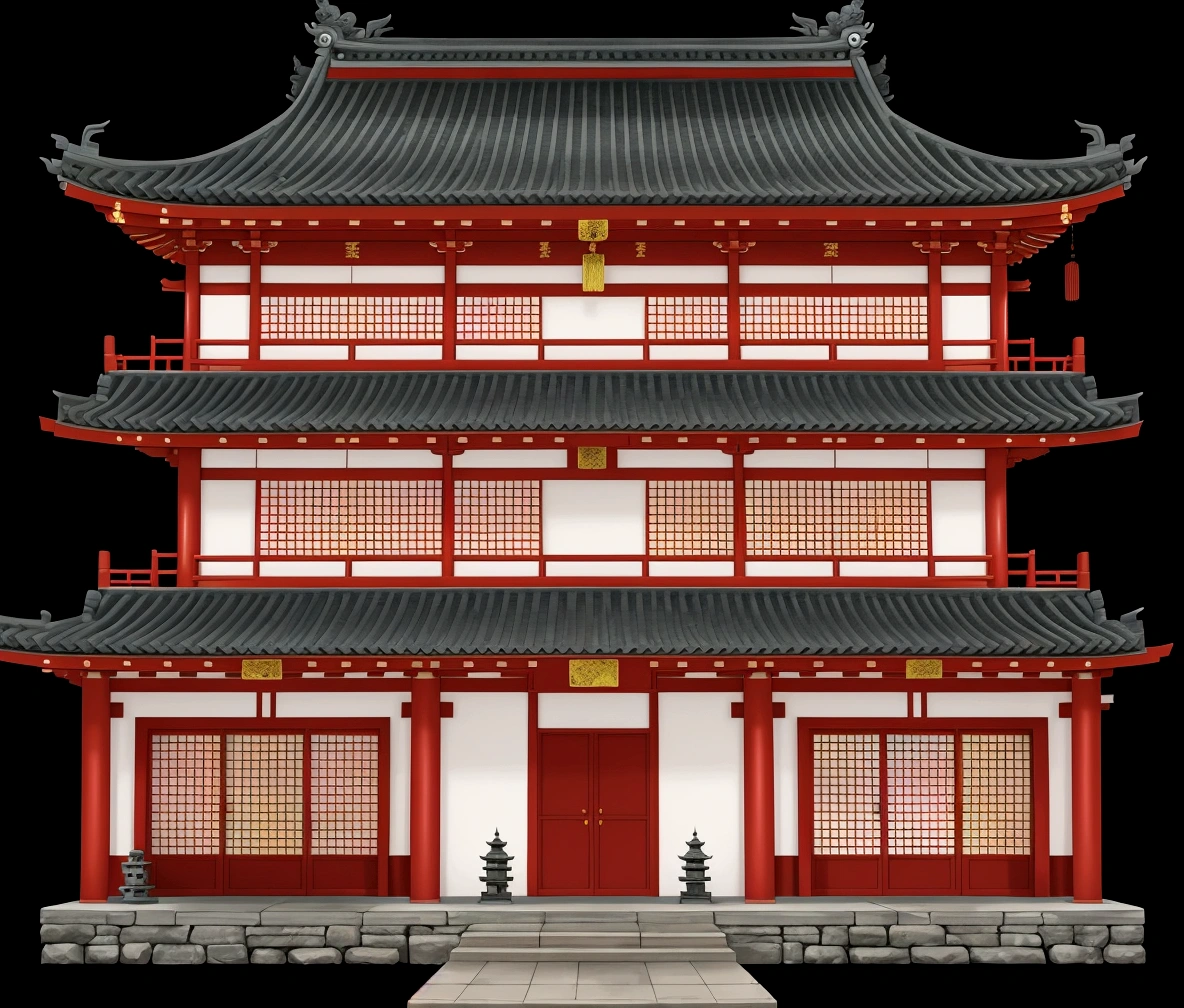 a cartoon illustration of a chinese building with a red door, an extremely detailed building, chinese building, japanese temple, japanese house, european japanese buildings, digital painting of a pagoda, zen temple background, ancient japanese architecture, temple background, japanese architecture, background depicting a temple, inspired by Tōshi Yoshida, inspired by Shūbun Tenshō, japanese temples