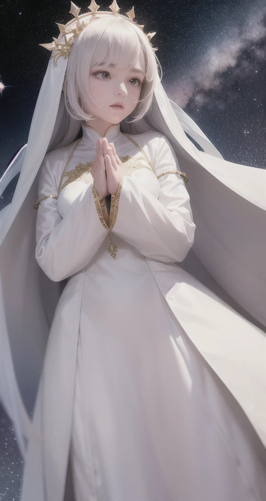 a detailed portrait of a young girl wearing a white cloak with golden lines, praying in a surreal starry sky with shooting stars and light stripes, ultra-detailed, hyper-realistic, masterpiece, 8k, photorealistic, dramatic lighting, fractal art, vivid colors, perfect facial features, upper body, bokeh