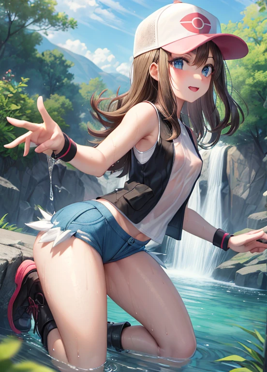 ((Best Quality)), ((Very detailed)), Masterpiece, absurdities, (detailed eyes, deep eyes), (1 girl), Perspective control, dynamic pose, whole body, Hilda, Brown hair, wide, Side locks, nude, Blue eyes, Wide hips, smiling,transparent wet shirt, pink nipples, small breasts, baseball cap, black vest, sleeveless shirt, White shirt, wristband, denim shorts, Short shorts, Boots, (out, in a waterfall, Rio, water)