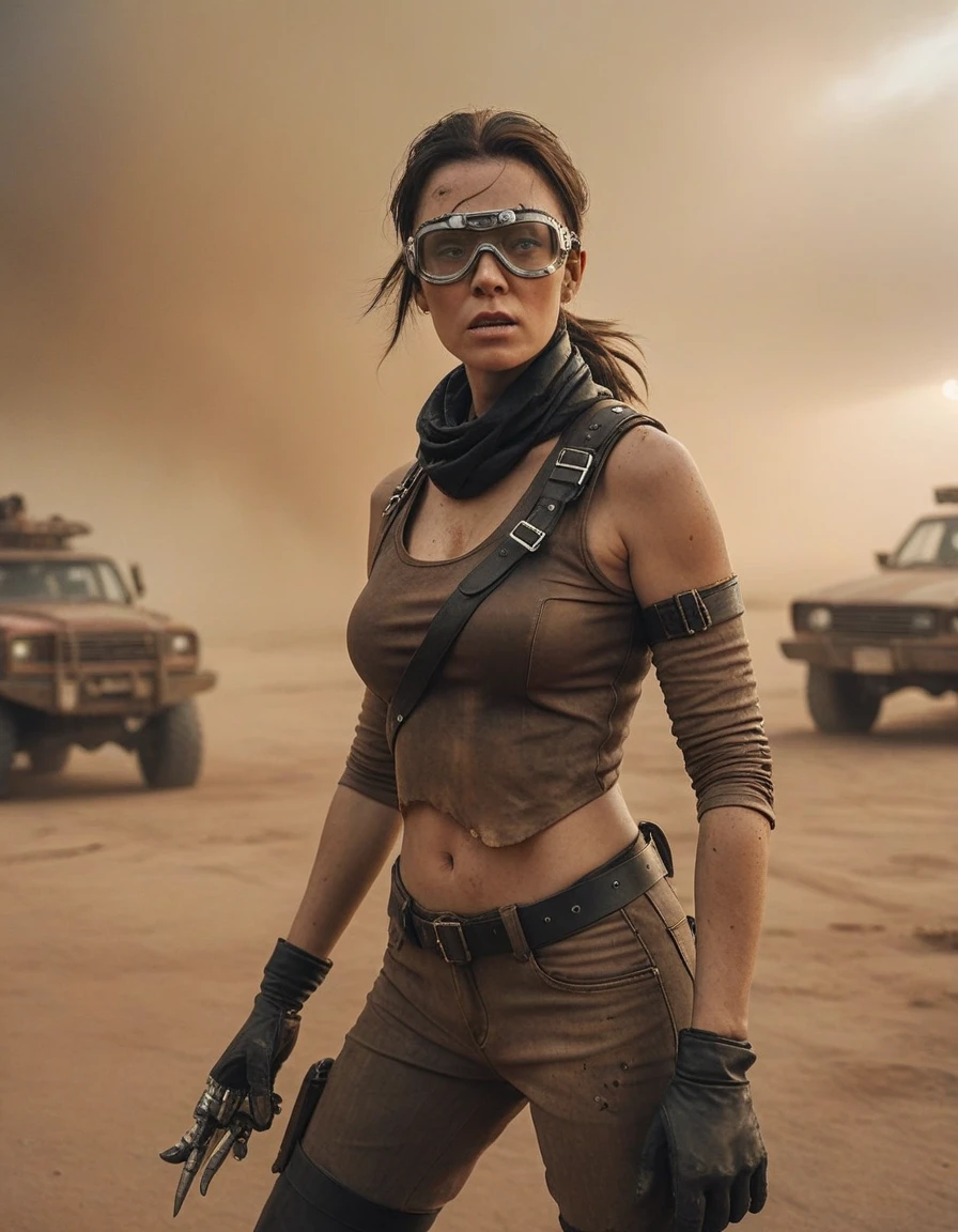 a post-apocalyptic desert landscape, a woman with a bionic arm, fierce expression, leather outfit, goggles, scavenging for resources, rusted vehicles, dust storm, dramatic lighting, gritty, cinematic composition, muted color palette, (best quality,4k,8k,highres,masterpiece:1.2),ultra-detailed,(realistic,photorealistic,photo-realistic:1.37),cinematic,dystopian,post-apocalyptic