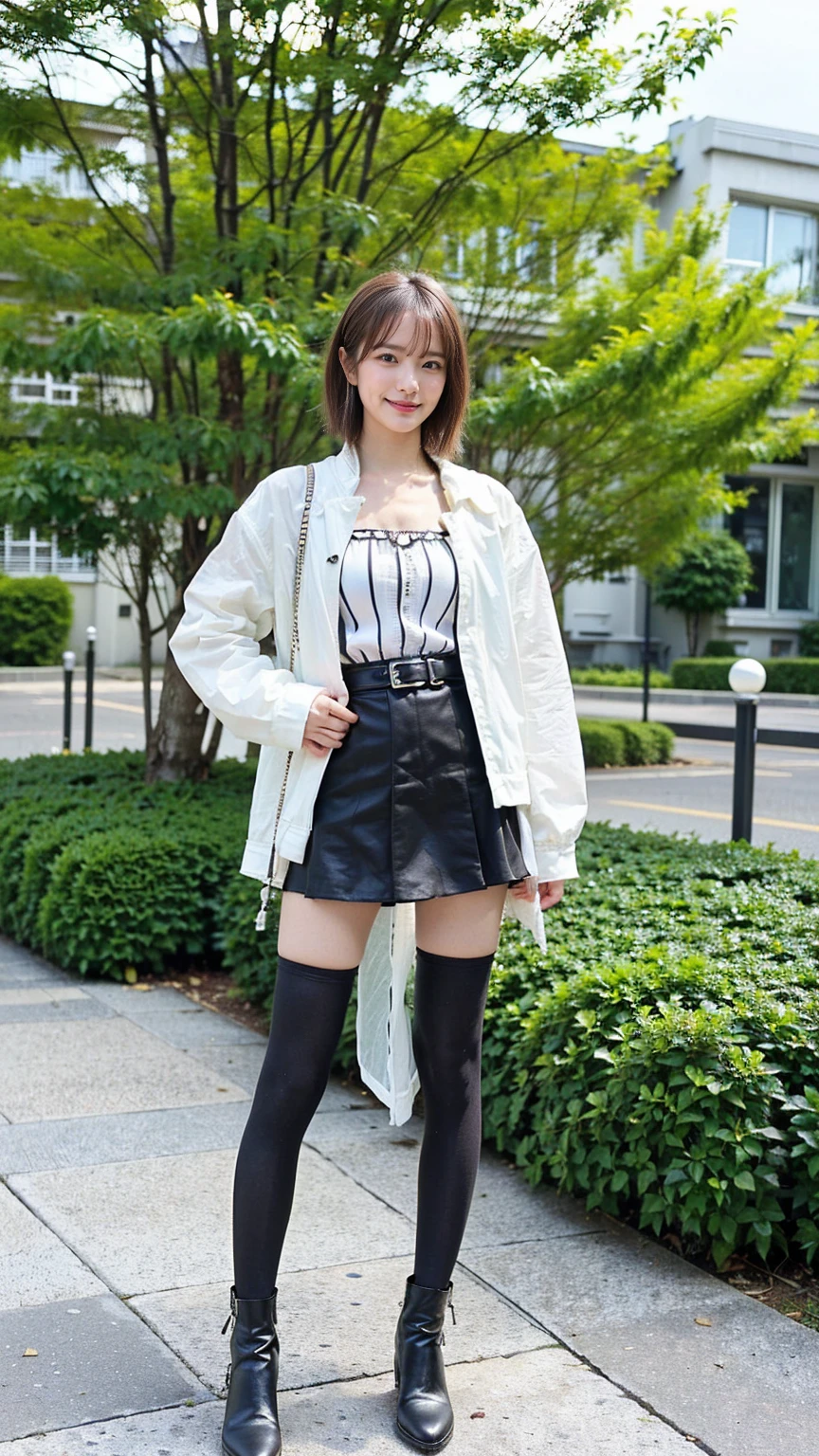 (8K、RAW Photos、Highest quality、masterpiece:1.2)、(Realistic、Realistic)、1 Girl、((Jacket、Black Mini Skirt、one piece、Frills、smile、Medium Hair、See-through、tights、boots、chest emphasis、whole body、garden、View from the front、Looking into the camera、Stand with your hands on your hips))、