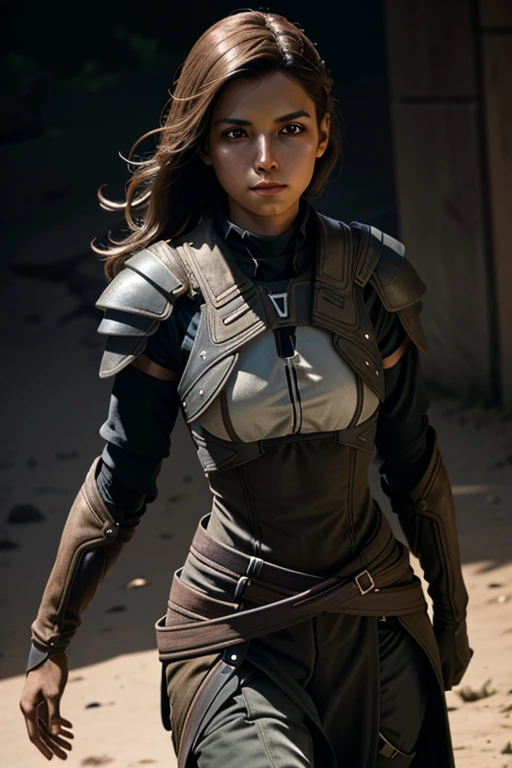 ReyesMEA, Woman, alone, male focus, armors, chestnut hair, black backdrop, realisitic, simple background, gazing at viewer, eyes browns, trunk, shoulder armors, walking sticks, cloused mouth ,work of art, best qualityer, cinematic lighting,