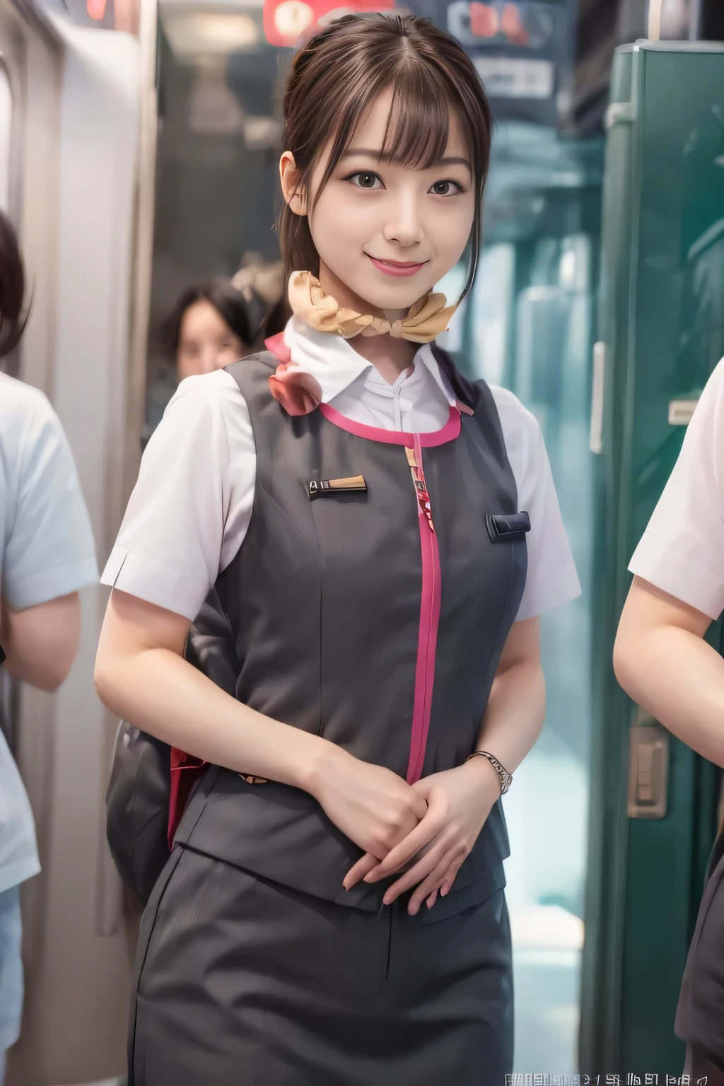 (masterpiece:1.2, Highest quality:1.2), 32k HDR, High resolution, (alone、One girl)、(At the station platform、Professional Lighting)、Empty train station platform background、(Realistic style of JR Gran Class crew uniform)、Short sleeve blouse、a scarf around the neck、(JR Gran Class flight attendant uniform with pink parts on the skirt sleeves)、(The uniform of a flight attendant in JR Gran Class has a pink line on the front zipper of the vest.)、Dark brown hair、(Long hair that goes up to the chest、Let your hair down)、Dark brown hair、Long Shot、Big Breasts、((Great hands:2.0)),((Harmonious body proportions:1.5)),((Normal limbs:2.0)),((Normal finger:2.0)),((Delicate eyes:2.0)),((Normal eyes:2.0)))、Big Breasts、Luxury Necklace、smile、Beautiful standing posture,Place your hands around your stomach