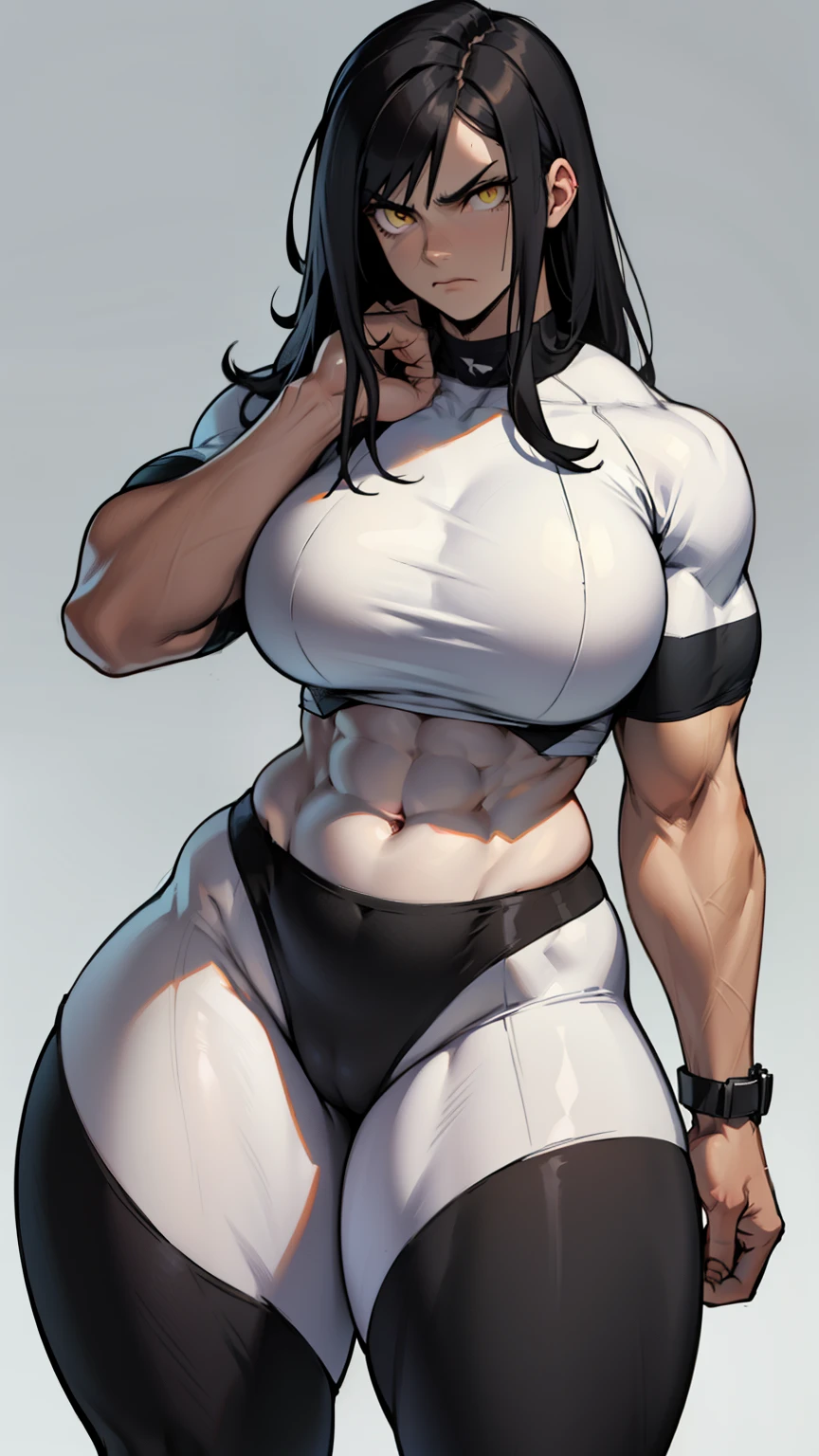 massive breasts huge muscles muscular girl toned body bodybuilder grey background leggings tight shirt black hair yellow eyes pale skin long hair wide hips curvy thick thighs thick thick thick thick tight sad frown expressionless