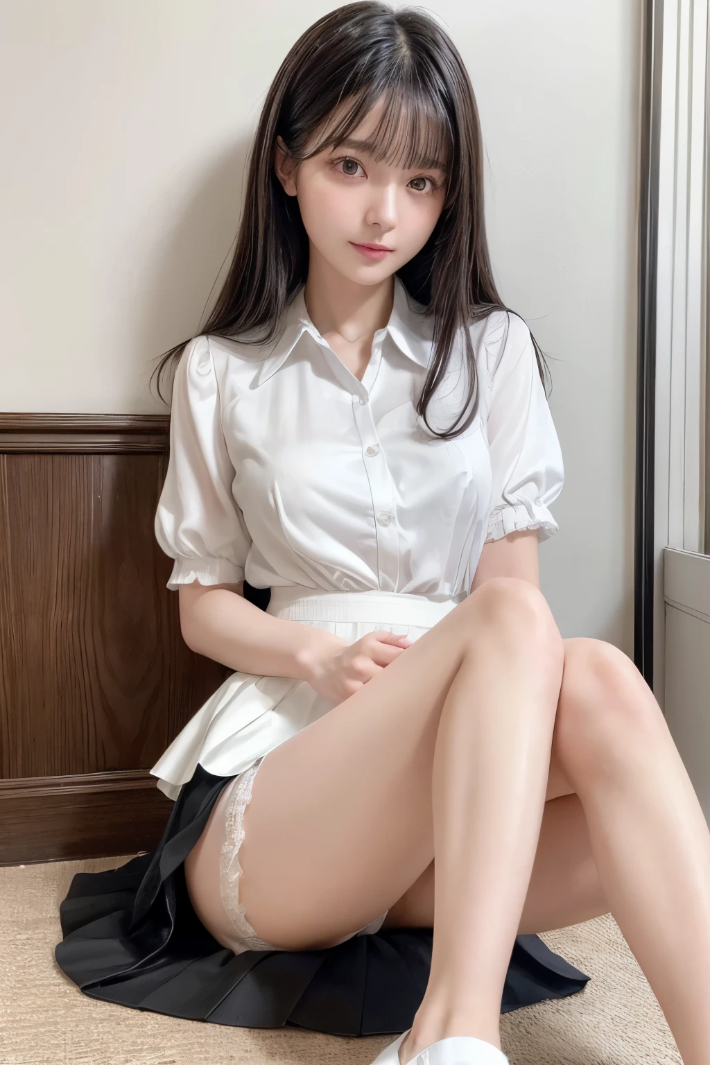 ((Best image quality、8K、masterpiece：1.3))、Realistic high-quality photos、Highest quality、Beautiful and graceful face and eyes、Uniform eyes、Black Hair、Shiny Hair、 OL、Wearing a short-sleeved blouse、Wear a long skirt、Full Body Shot.　Sitting、(((White panties can be seen between her skirt and legs)))、