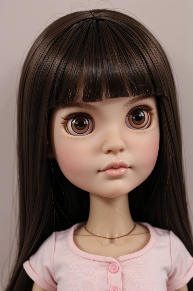 Blythe doll: Brown hair, white skin, brown eyes, pink lips, bangs down to the eyelid, cheeks a little pink, two moles together on the left cheek, Dark brown eyes and the shape of the face rounder as a doll, With a black shirt, Long straight hair, dark eyes